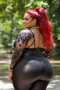 Portrait of a young woman with long red hair. she is standing in a park or garden with trees and greenery in the background. the woman is wearing a black lace bodysuit with a deep v-neckline and long sleeves. she has a pair of black high-waisted leggings that are tight-fitting and accentuate her curves. her hair is styled in loose waves and she is wearing large hoop earrings and a choker necklace. she appears to be smiling and looking over her shoulder at the camera. the overall mood of the image is confident and sultry.