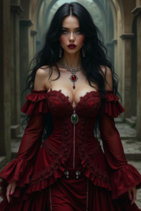 Portrait of a young woman with long dark hair and red lipstick. she is standing in an archway with columns on either side. the woman is wearing a long, red dress with ruffled sleeves and a corset-style bodice. the dress has a deep v-neckline and is cinched at the waist with a silver belt. she has a large necklace with a red pendant and earrings. her hair is styled in loose waves and falls over her shoulders. the overall mood of the image is dark and mysterious.