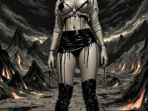Cracked Desert Earth (Side View) A surreal digital ink masterpiece of a curvy 25-year-old blonde woman standing on cracked desert earth under a dark, swirling sky. Her pale skin gleams in contrast to the wet, dripping ink strokes of her revealing blouse, barely covering her big breasts. Her skimpy miniskirt and thigh-high boots add drama to her wide hips and long legs. The surreal dystopian landscape is filled with jagged, ink-drawn peaks and mysterious glowing fissures, creating an otherworldly atmosphere.