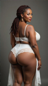 A mature African model with a sexy big ass is posing in sensual white lace lingerie. Free image in the public domain. She has the perfect big round butt. Her booty is a delight to look at.