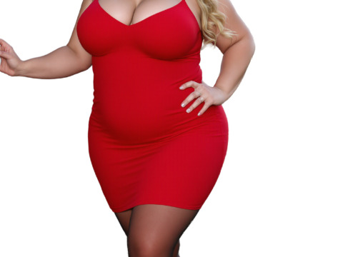 A sensual BBW with amazing big tits is looking sexy in pantyhose and a hot red dress. Free public domain image.