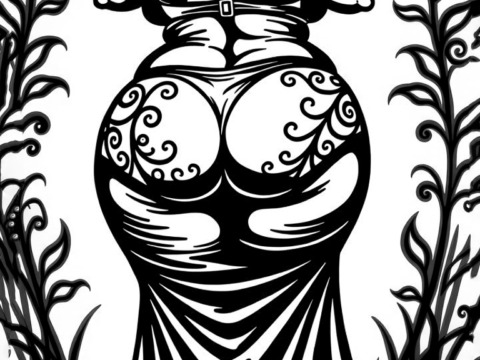 Black and white illustration of a woman with big round buttocks standing in a garden. She is facing away from the viewer, with her back towards the viewer. The woman is wearing a long, flowing dress with intricate patterns on the back and sides. She has shoulder-length hair styled in loose curls and is wearing high heels. The background is filled with tall, ornate plants and foliage. The overall style of the illustration is reminiscent of a vintage or retro style. Public domain image.