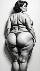 Black and white sketch of a mature big ass woman standing with her back to the viewer. She is wearing a thong, and her body is turned to the side, with her hands on her hips. The woman has shoulder-length dark hair and is looking away from the camera with a serious expression on her face. The sketch is done in a realistic style, with bold lines and shading to give it a lifelike appearance. The background is plain white, making the woman the focal point of the image. Public domain image.