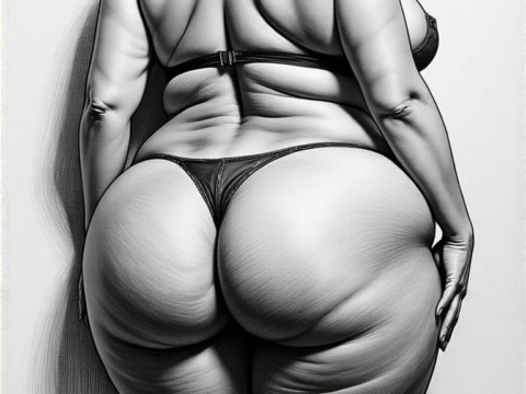 Black and white sketch of a mature big ass woman standing with her back to the viewer. She is wearing a thong, and her body is turned to the side, with her hands on her hips. The woman has shoulder-length dark hair and is looking away from the camera with a serious expression on her face. The sketch is done in a realistic style, with bold lines and shading to give it a lifelike appearance. The background is plain white, making the woman the focal point of the image. Public domain image.