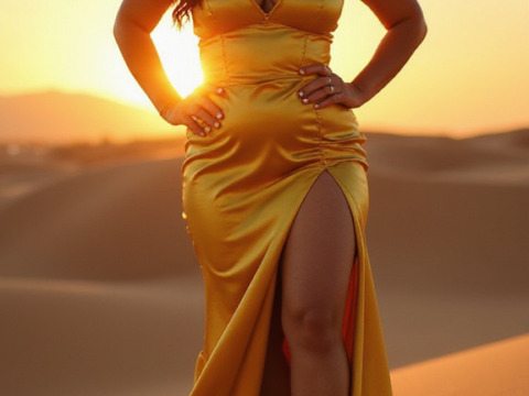 Desert Sunset Elegance A vividly realistic photo of a 35-year-old curvy woman posing confidently on a sandy desert dune during sunset. She wears a bold, flowing gold gown with a high slit, showcasing her shapely figure and radiating confidence. Her loose hair catches the desert breeze, and the warm, glowing colors of the setting sun blend harmoniously with her gown, adding dramatic flair to the composition.