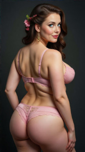 Portrait of a sexy woman posing in a pink lingerie set. she is standing with her back to the camera, facing the camera with her body slightly turned to the side. The woman has long brunette hair styled in loose curls and is wearing a pink bra and matching panties. She has a small pink flower in her hair, which is styled in a half-up, half-down look. the background is a dark grey color, making the woman stand out even more. The overall mood of the image is sensual and feminine. Free public domain image.