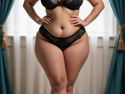 A curvy Asian woman with big tits and wide sexy hips is posing in sensual black lace lingerie. The image is free for download and in the public domain.