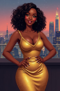 Digital illustration of a young African-American woman standing on a rooftop with a city skyline in the background. The woman is wearing a tight-fitting gold dress with a deep v-neckline and thin straps that displays her cleavage and accentuates her big breasts. She has long curly hair styled in loose curls and is smiling at the camera. Her hands are resting on her curvy alluring hips. The city skyline behind her is lit up with colorful lights, creating a vibrant and lively atmosphere. Free image in the public domain.