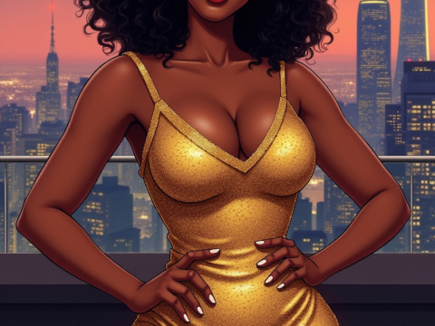 Digital illustration of a young African-American woman standing on a rooftop with a city skyline in the background. The woman is wearing a tight-fitting gold dress with a deep v-neckline and thin straps that displays her cleavage and accentuates her big breasts. She has long curly hair styled in loose curls and is smiling at the camera. Her hands are resting on her curvy alluring hips. The city skyline behind her is lit up with colorful lights, creating a vibrant and lively atmosphere. Free image in the public domain.