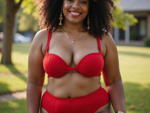 A free public domain image of a sensual bigger woman wearing red lingerie standing outdoor in her garden at noon.
