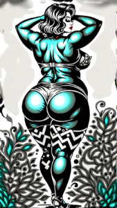 Illustration of a woman in a provocative pose. Big round ass. The woman is standing with her back to the viewer, with her arms stretched above her head and her hands on her hips. She is wearing a tight-fitting outfit with a high-waisted top and high-rise bottoms. The outfit is made up of a geometric pattern in shades of blue, black, and white. The background is white with a floral design in the corners. the overall style of the illustration is bold and edgy. Public domain image.
