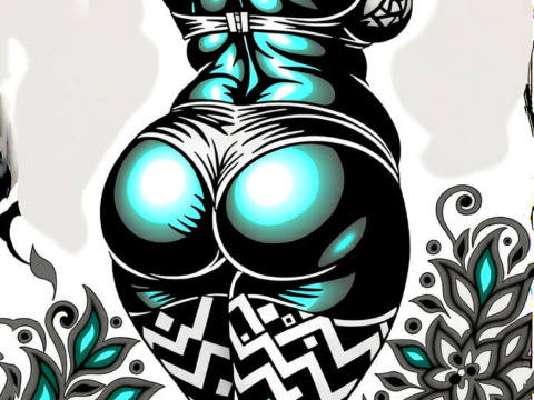 Illustration of a woman in a provocative pose. Big round ass. The woman is standing with her back to the viewer, with her arms stretched above her head and her hands on her hips. She is wearing a tight-fitting outfit with a high-waisted top and high-rise bottoms. The outfit is made up of a geometric pattern in shades of blue, black, and white. The background is white with a floral design in the corners. the overall style of the illustration is bold and edgy. Public domain image.