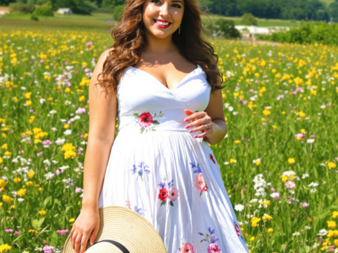 A voluptuous woman with thick, chestnut-brown hair styled in loose waves, cascading over her shoulders. Her luminous complexion radiates warmth, and her soft smile reveals perfectly natural beauty. Her almond-shaped hazel eyes glimmer with joy and confidence. She has a curvy and sensual figure, dressed in a flowing white sundress adorned with pastel floral accents that sway delicately in the breeze. The dress reaches her ankles, highlighting her graceful silhouette, while her bare feet lightly tread the lush, soft grass. She holds a floppy straw hat with a sky-blue ribbon in one hand and gestures delicately with the other. The noon scene unfolds in a picturesque meadow filled with vibrant wildflowers, swaying tall grass, and distant green hills under a bright azure sky. The peaceful ambiance emphasizes her curvy voluptuous presence and natural beauty.