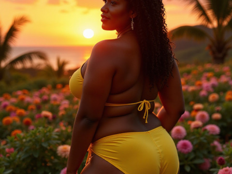 Portrait of a woman standing in a field of colorful flowers at sunset. she is wearing a yellow bikini and her back is facing the camera. the woman has long dark hair and is looking off to the side with a peaceful expression on her face. the sky is orange and pink, and the sun is setting in the background, creating a beautiful orange glow over the horizon. the flowers in the field are in various shades of pink, orange, and yellow, and there are palm trees in the distance. the overall mood of the image is serene and peaceful.