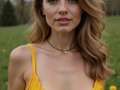 A blonde model in a sensual yellow lace bra shows her alluring cleavage in the garden. Free CC0 image.
