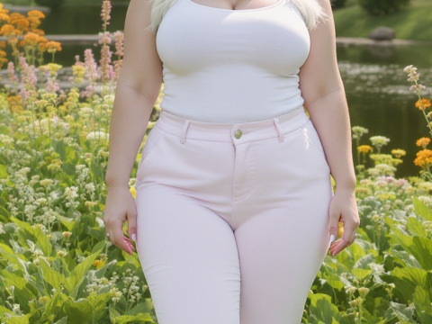 Photorealistic, photoreal, and a professional photograph, front view, full body shot of a curvy mature platinum blonde woman. Her thick, straight platinum blonde hair falls gracefully down her back, framing her fair skin, bright green eyes, and slightly parted rosy lips. She wears a casual summer ensemble of a fitted pastel tank top and capri pants, emphasizing her shapely bust, soft arms, smooth waistline, rounded hips, and strong thighs. She stands barefoot on a grassy area surrounded by tall wildflowers, a sparkling pond, and the warm golden sunlight of a lush summer park, exuding curvy sexy beauty.