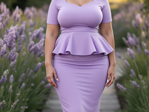 Photorealistic, photoreal, and a professional photograph, front view, full body shot of a curvy 25-year-old silver-haired woman. Her chic, shoulder-length silver hair is styled in a textured bob, accentuating her pale skin and almond-shaped, icy blue eyes with a serene expression. She is dressed in a fitted lavender midi dress with a peplum detail, paired with silver strappy sandals. Her full bust and curvy hips are beautifully highlighted as she stands in a manicured garden filled with blooming lavender flowers and a gentle evening glow, radiating timeless elegance.
