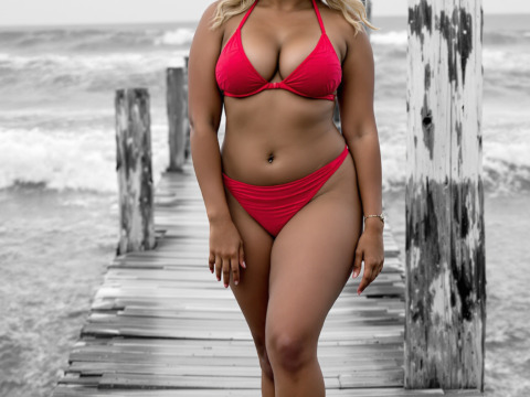 A curvy woman with blonde hair and a tanned skin is walking, showing off her sexy red bikini.