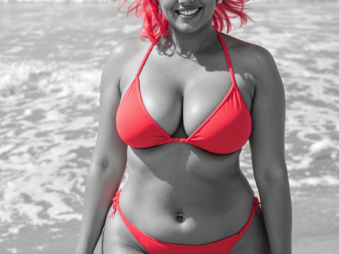 A monochrome composition of a curvy, peachy-skinned woman with a playful wink standing barefoot on a sunny shoreline as waves ripple behind her. Her bright coral hair bounces cheerfully in the wind, contrasting with the grayscale tones of her surroundings. She wears a revealing coral bra and panties, their bold color drawing attention to her fun and carefree pose. The cheerful textures of the sunlit sand and the playful ocean create a lively and happy setting.