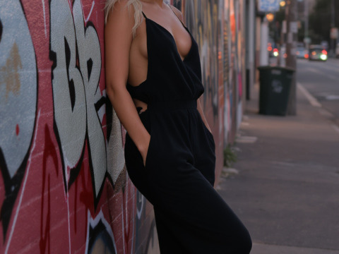 A 35-year-old blonde woman with a high ponytail wears a black jumpsuit. She leans against a graffiti-covered wall. The location is an urban street at dusk.